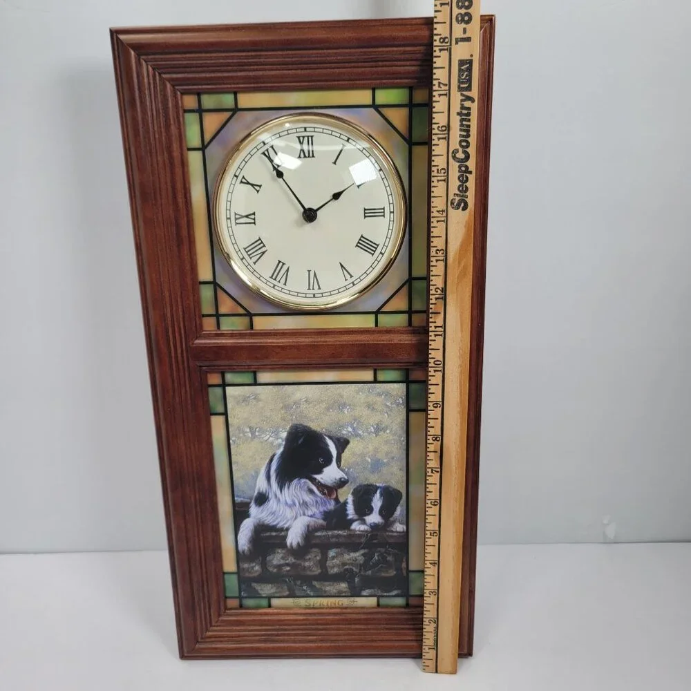 The Danbury Mint Border Collie Stained Glass Lighted Clock 4-Seasons Like New